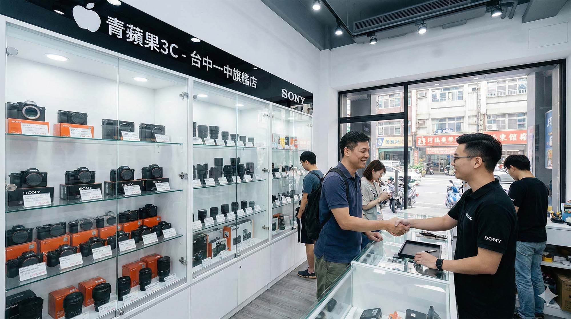 明亮的相機店內展示櫃擺滿了 Sony 鏡頭與機身，顧客與店員握手象徵信賴 / Wide shot of a bright camera store interior in Taichung, glass display cabinets filled with Sony lenses and bodies.